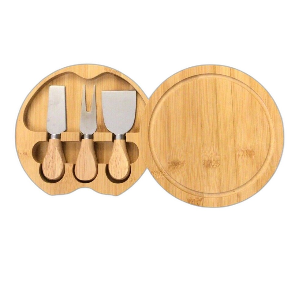 Bamboo Round Cheese Board & 3-Piece Knife Set - Compact Charcuterie Serving Tray